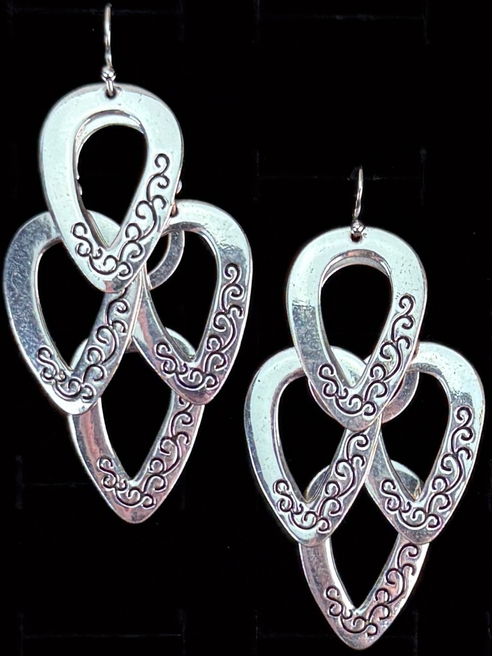Vintage Weighted Silver Tone Layered Openwork Drop Pierced Earrings